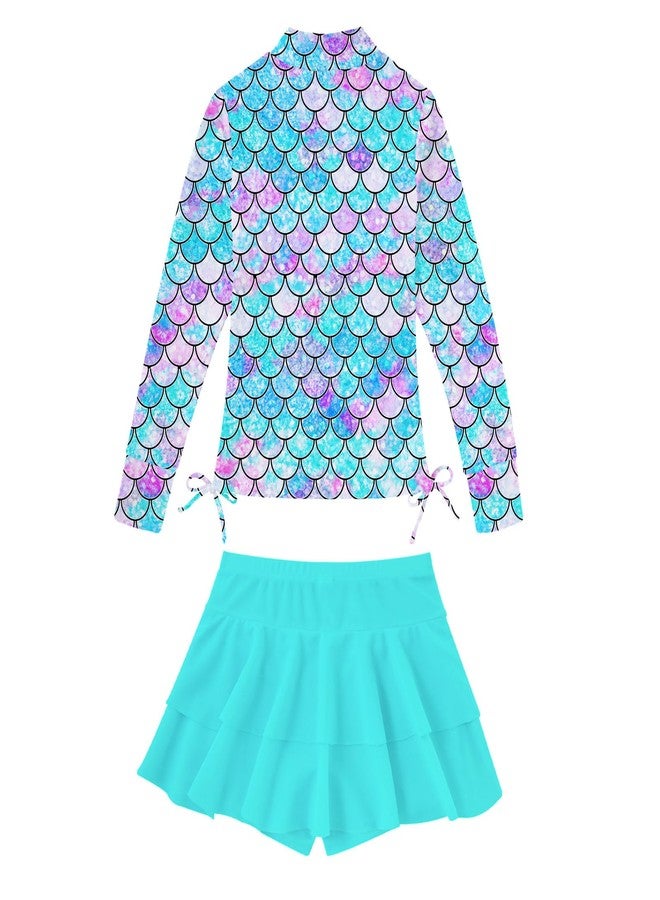 Vogseek Size 9-10 Girl's Bathing Suits 2 Pieces Rashguard 9-10 Years Big Girl Swimming Skirt with Shorts Swimsuit Mermaid Rash Guard Sun Protection Blue Swimwear for Child Beachwear Long Sleeve 3D Printed - Image 2